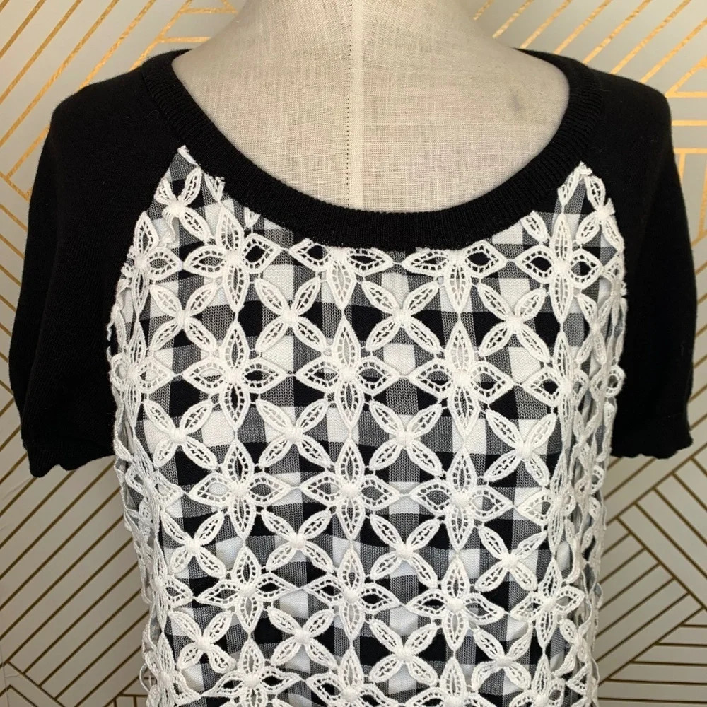 Anthropologie Moth Facade Sweater Short Sleeve Lace Gingham Black White Size XS - Picture 2 of 8